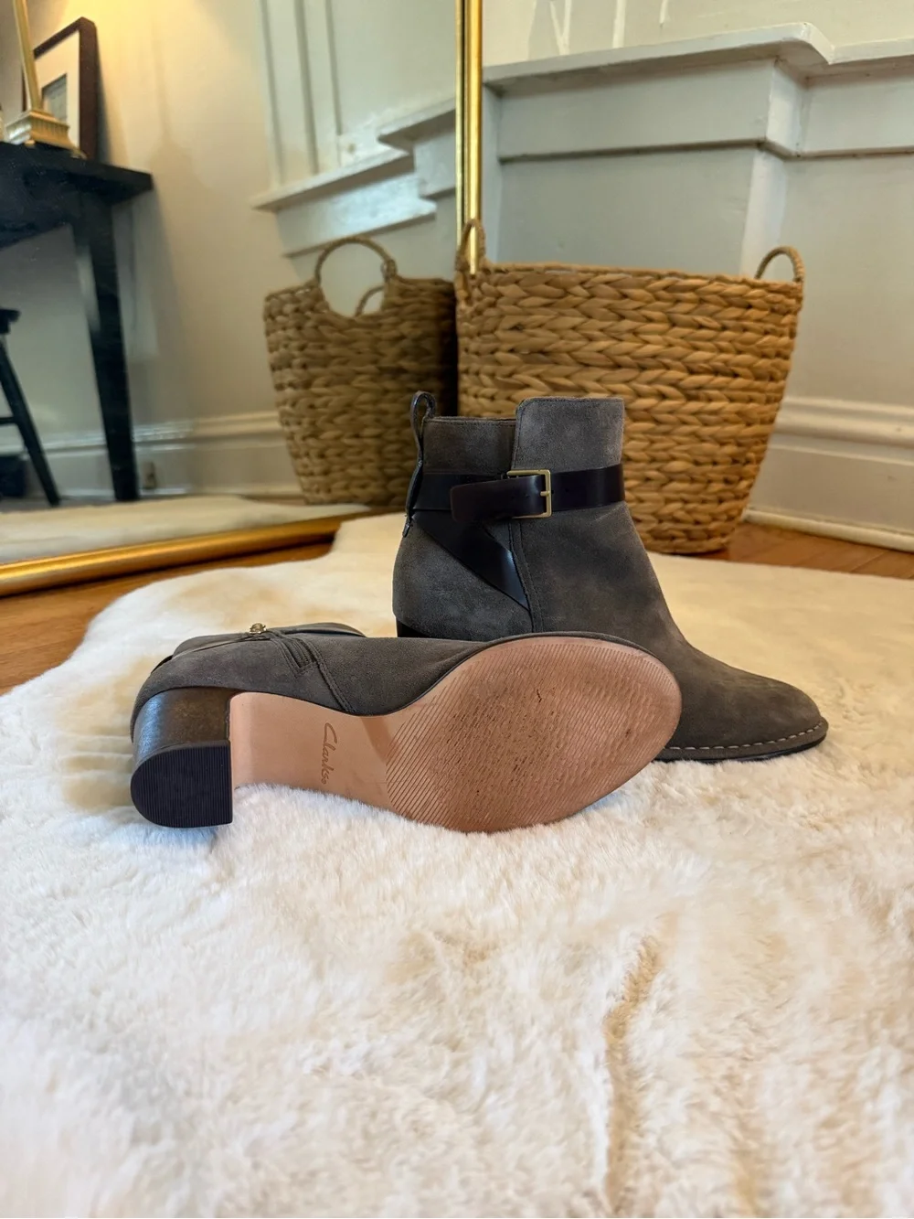 Clark’s Suede Ankle Boots with Buckle Strap - Gray